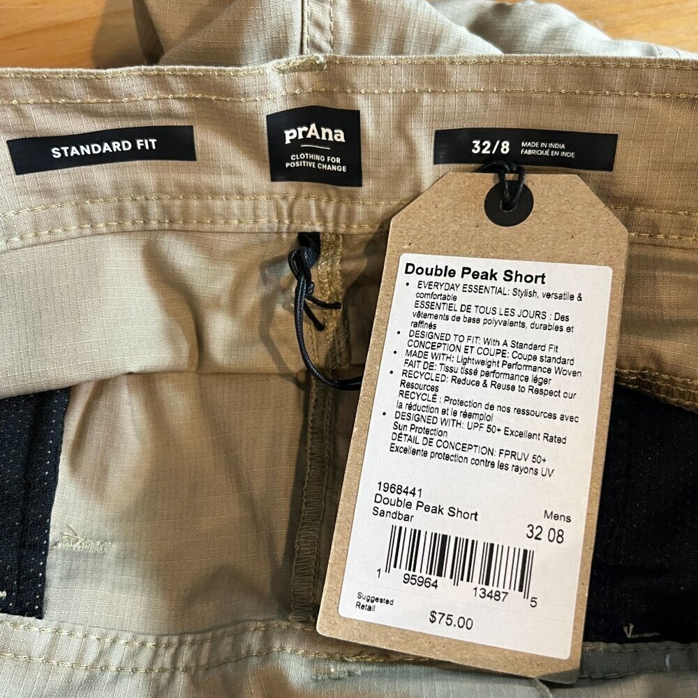 prAna Mens Standard Double Peak Hiking Cargo Short 32"W 8"Length in Sandbar - Picture 9 of 9